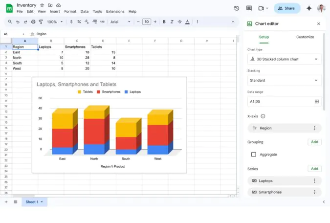 برنامه Google Sheets سرانجام امکان وارد کردن نمودارهای سه‌بعدی را فراهم کرد